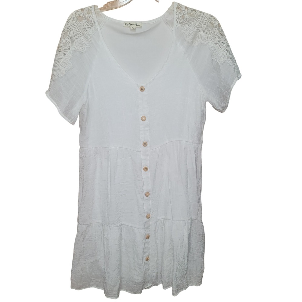 Indigo Rose White Button-Front Tiered Short‎ Sleeve Boho Cottage Dress Women's M